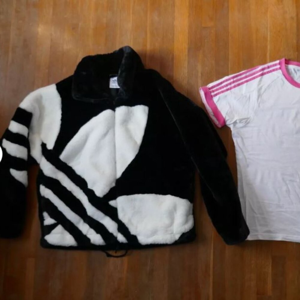 2 Mens Large Adidas SUPER SOFT Logo Faux Fur Firebird Jacket Coat & T Shirt
